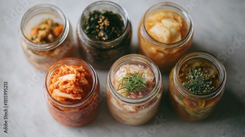 Six small glass jars filled with different types of food. the jars are arranged in a row on a white marble surface.