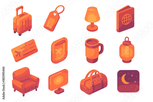 Travel Icons Isometric. Travel Glow flat icon set : rolling suitcase, luggage tag, warm lamp, passport, boarding ticket, airplane window, travel mug, soft lantern, cozy chair