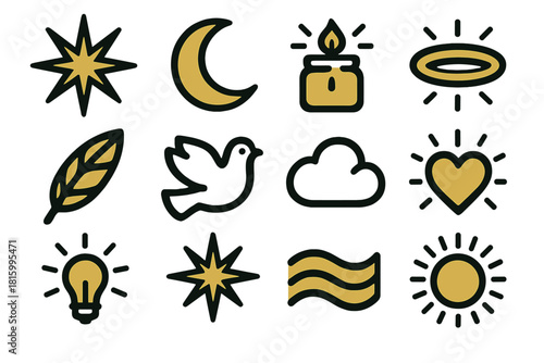 Sacred Night Icons. Sacred Night silhouette icon set : radiant star, moon, candle jar, halo, feather, dove, soft cloud, glowing heart, warm light, starburst, gentle wave, golden