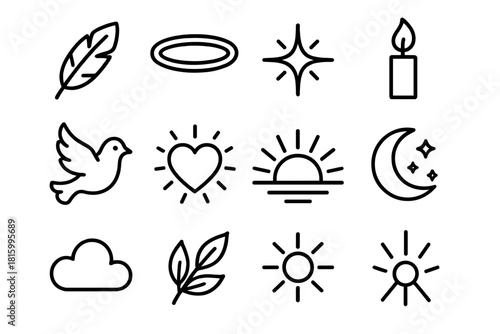 Symbols of Heavenly Hope. Heavenly Hope linear icon set : feather, halo ring, radiant star, candle flame, dove, glowing heart, sunrise, moonlight, soft cloud, peace leaf, golden