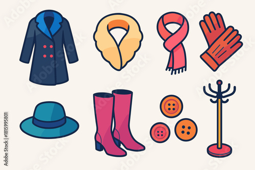Winter Fashion Icons. Winter Elegance flat icon set: long coat, fur collar, scarf, leather gloves, hat, boots, buttons, coat rack