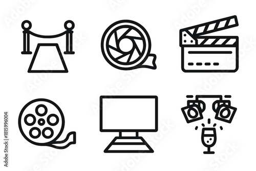 Cinematic Icon Set. Cinematic Celebration linear icon set: red carpet, camera lens, ticket stub, clapperboard, stage lights, reel, screen, champagne glass
