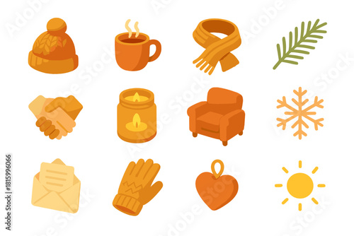 Cozy Warmth Icons. Shared Warmth flat icon set : wool hat, steaming drink, knitted scarf, pine sprig, joined hands, candle jar, cozy chair, snowflake, open letter, wool glove