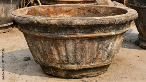 Wallpaper Mural This large, weathered, round concrete planter with a fluted design displays an aged, textured surface, perfect for rustic outdoor decoration. Torontodigital.ca