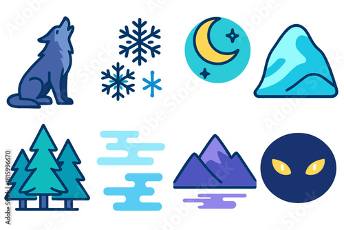 Winter Wolf Icons. Winter Howl flat icon set: lone wolf, snowflakes, moonlight, frozen hill, pine trees, misty air, distant peaks, glowing eyes