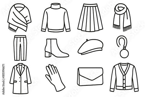 Chic Fashion Icons. Soft Sophistication linear icon set : wool wrap, turtleneck sweater, pleated skirt, cashmere scarf, tailored trousers, suede boots, wool beret, pearl earring