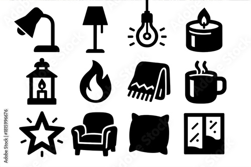 Ambient Comfort Icons. Ambient Comfort silhouette icon set : desk lamp, floor lamp, hanging bulb, candle tin, table lantern, gentle flame, cozy blanket, mug of tea, glowing star