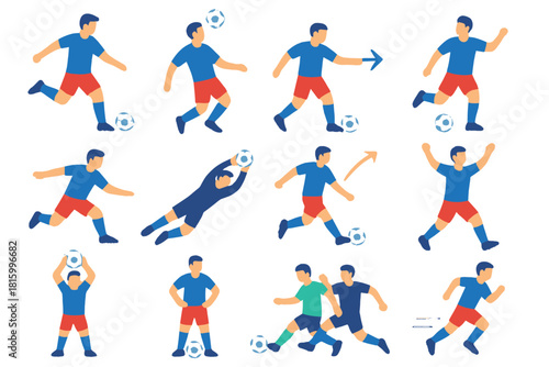 Soccer Motion Icons. Soccer Actions Set flat icon set: kick motion, header, pass arrow, dribble silhouette, slide tackle, goalie dive, shot trajectory, celebration pose, throw-in