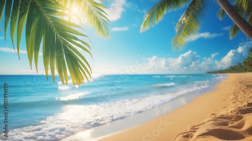 Wallpaper Mural Lush tropical coastline with swaying palm leaves framing serene waves lapping against a sandy beach under bright sunlight and vibrant blue sky showcasing peaceful beach scenery and rich textures Torontodigital.ca