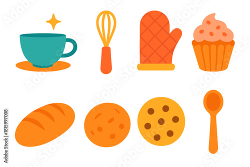Minimalist Kitchen Icons. Cozy kitchen flat icon set : tea cup, whisk, oven mitt, cupcake, bread loaf, cookie, sparkle, wooden spoon