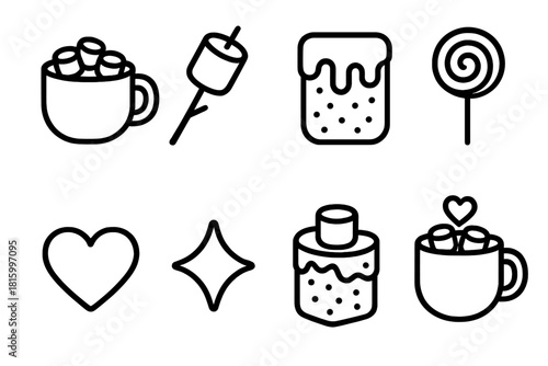 Cocoa Treat Icons. Marshmallow treat linear icon set : cup of cocoa, roasted marshmallow, cookie, drizzle topping, candy swirl, heart, sparkle, mug