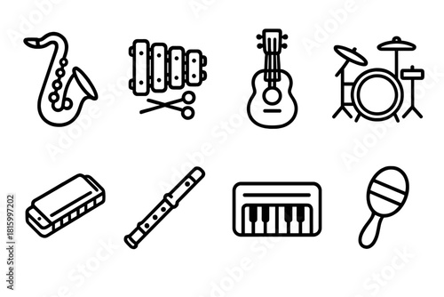 Cute Music Icons. Adorable band instruments concept linear icon set: saxophone, xylophone, ukulele, drum set, harmonica, flute, keyboard, shaker , minimal and cute aesthetic