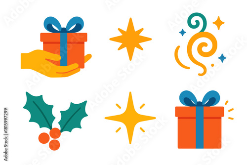 Vibrant Festive Exchange. Surprise Exchange flat icon set : hidden hands, gift with ribbon, shining star, festive swirl, holly sprig, glowing sparkle
