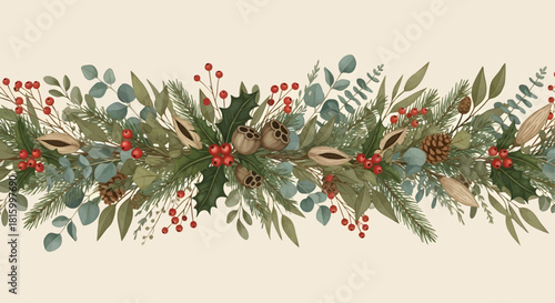 Festive Botanical Garland Watercolor Illustration of Christmas Holiday Foliage and Decorations