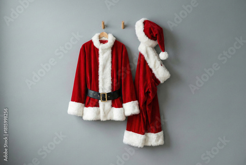 Santa Claus Costume and Hat Hanging on a Wall, Waiting for Santa