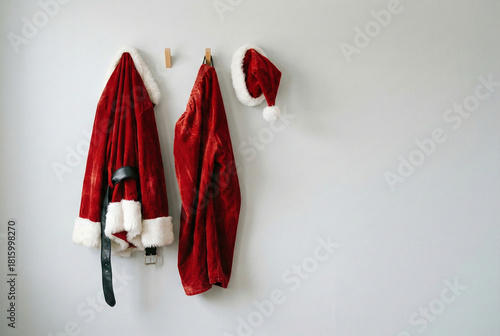 Santa Claus Costume and Hat Hanging on a Wall, Waiting for Santa