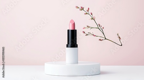 A pink lipstick tube stands on a white pedestal, accompanied by a delicate branch with pink buds, set against a pale pink backdrop.
