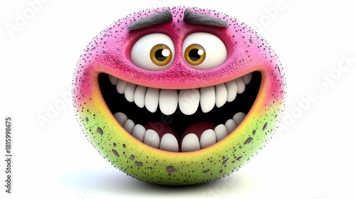 Round, fuzzy, multicolored animated creature displays an exaggerated joyful expression with a wide, toothy grin