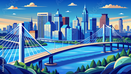 Very beautiful aerial view of a blue suspension bridge spanning the Maumee River with the Toledo skyline rising in the background, creating a striking and harmonious blend of architecture, water, and 