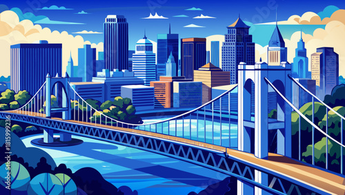 Very beautiful aerial view of a blue suspension bridge spanning the Maumee River with the Toledo skyline rising in the background, creating a striking and harmonious blend of architecture, water, and 