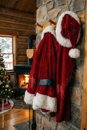 Santa Claus Costume and Hat Hanging on a Wall, Waiting for Santa