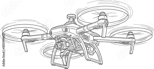 Flat vector illustration of quadcopter drone with camera, black and white sketch, aerial photography device, flying technology concept design