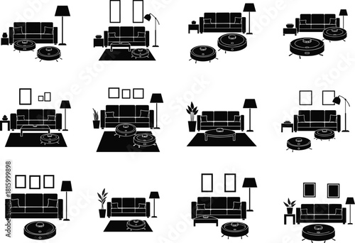 Flat vector illustration of black silhouette living room interiors, furniture layout, home decor elements, modern design, cozy space concept