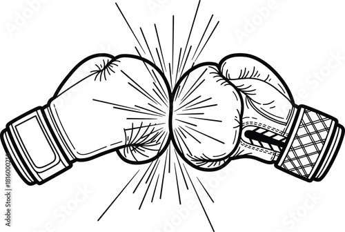 Flat vector illustration of boxing gloves impact, sports competition, fight symbol, punch energy, athletic gear, black and white design