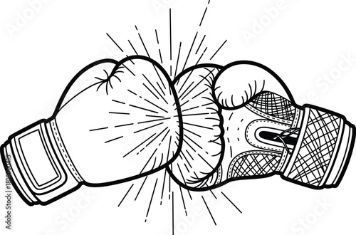 Flat vector illustration of boxing gloves collision, punch impact, sports fight symbol, black and white design, athletic energy burst concept
