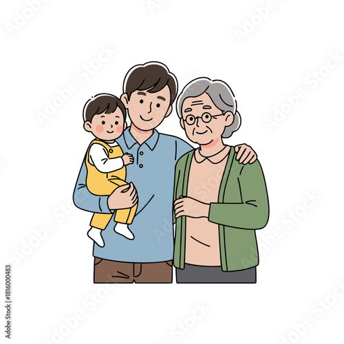 Family portrait of man holding baby with grandmother smiling  