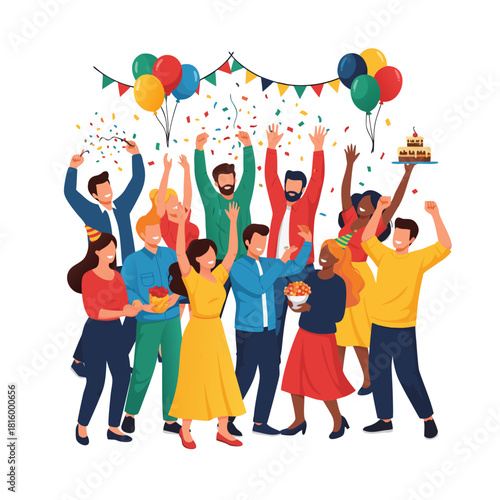 Group of diverse friends celebrating with balloons and confetti  