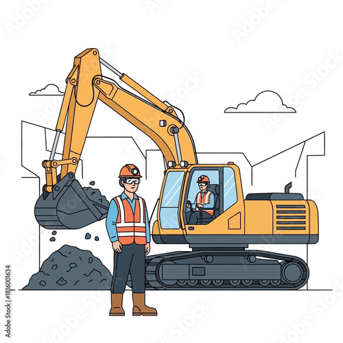 Illustration of construction workers with a yellow excavator at a building site.