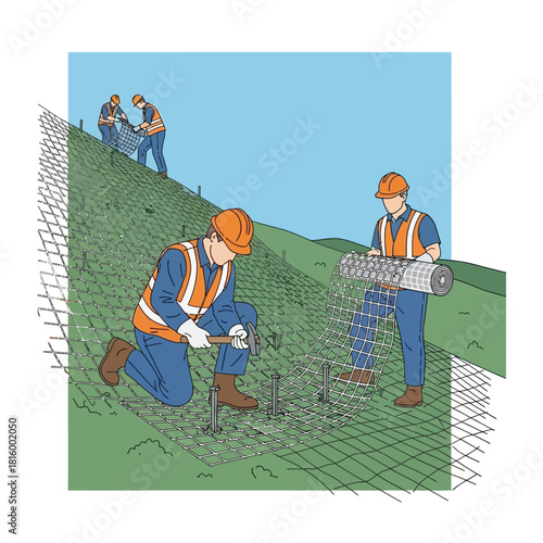 Construction workers installing wire mesh on a hillside to prevent erosion and stabilize the ground.