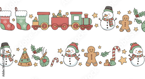 Festive Holiday Border Christmas Icons and Decorations in a Seamless Pattern for Celebration and Joy