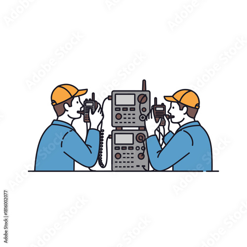 Two technicians communicating with walkie-talkies near radio equipment.