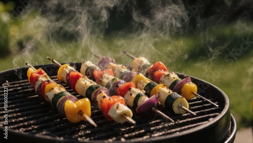 Fototapeta Naklejka Na Ścianę i Meble -  Delicious Vegetable Skewers Grilling on a Barbecue.