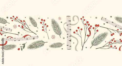 Seamless winter holiday border with red berries, pine branches, and birch bark ribbons on a light background