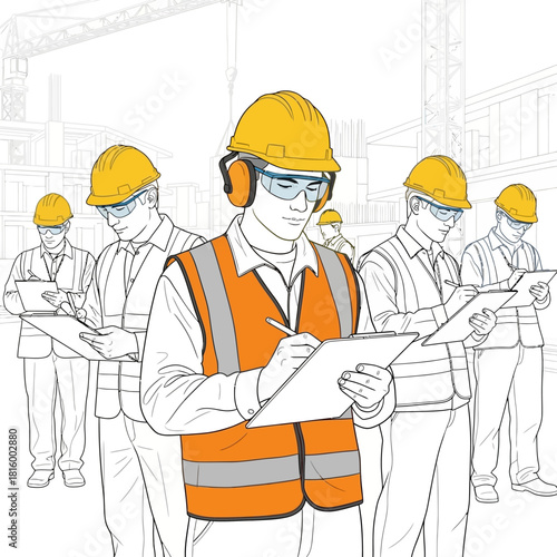 Construction workers wearing safety gear taking notes at a construction site.
