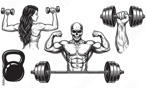 Bodybuilding Skull and Female Athlete Engraving Set