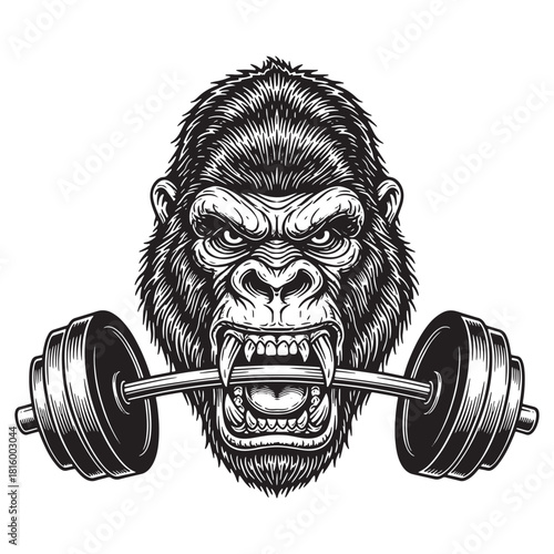 Furious Gorilla Holding Barbell in Jaws Vector