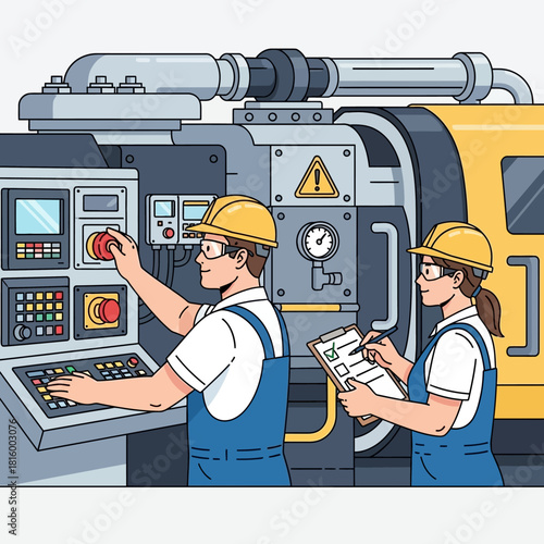 Factory workers operating machinery and taking notes on a clipboard.