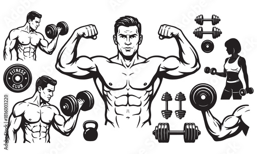 Muscular Bodybuilders and Fitness Equipment Vector Set