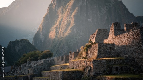 The ruins of machu picchu, an ancient incan archaeological site located in the peruvian andes. the ruins are made of stone and are located on a hillside with a mountain in the background.