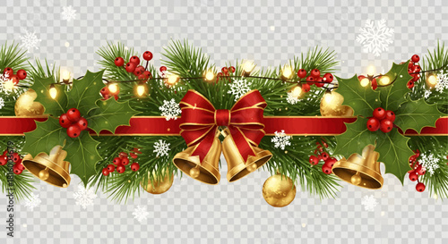 Festive Christmas Garland With Holly, Bells, Berries, Pine Needles, and Golden Lights