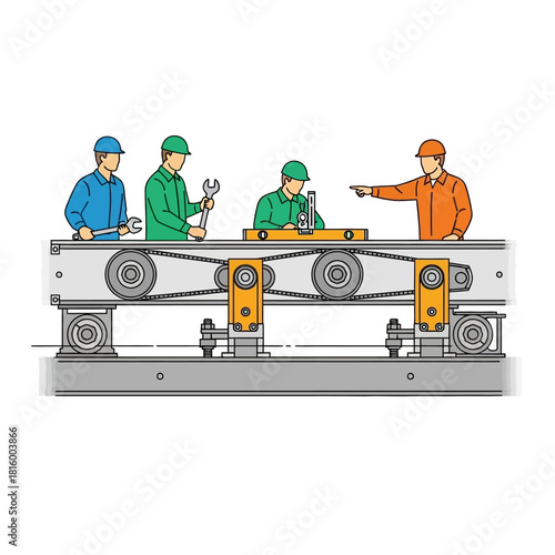 Illustration of an industrial team of workers and a supervisor assembling a conveyor belt system on a factory production line.