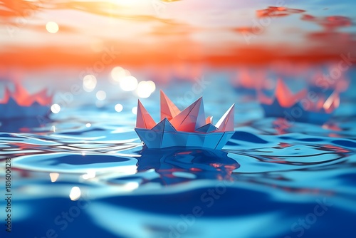 3D rendering elements of a paper boat on the sea