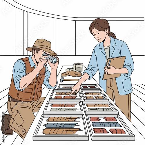 Two scientists examining and documenting geological core samples in a laboratory setting.