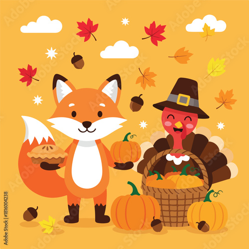 A cheerful cartoon fox and a smiling turkey in pilgrim attire celebrate thanksgiving with pumpkins, leaves, and a basket of fruits on a vibrant orange background.
