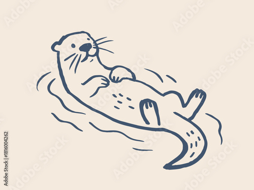 Otter floating in water cartoon line sketch vector illustration