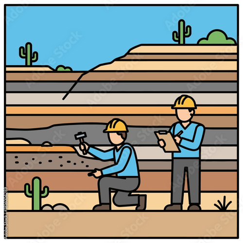 Geologists studying rock layers in a desert environment.